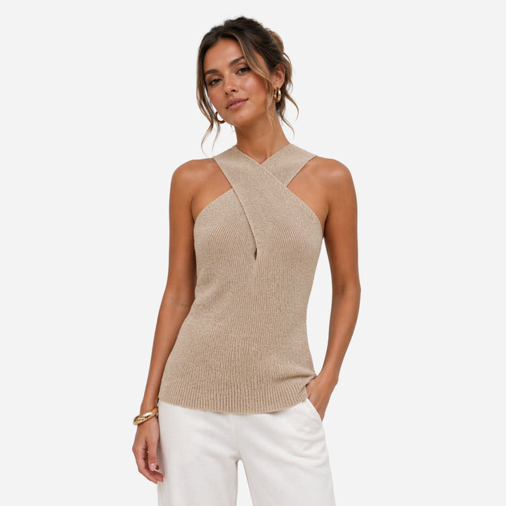 Stylish women's sleeveless fitted cross halter tank top, a versatile piece for layered or casual looks.