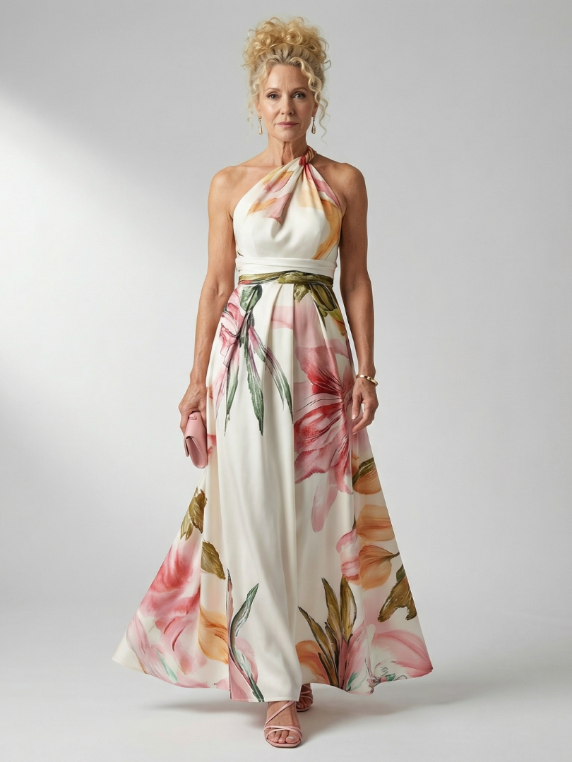 Women's light floral halter neck maxi dress. Elegant, flowing, & comfortable for summer vacations.