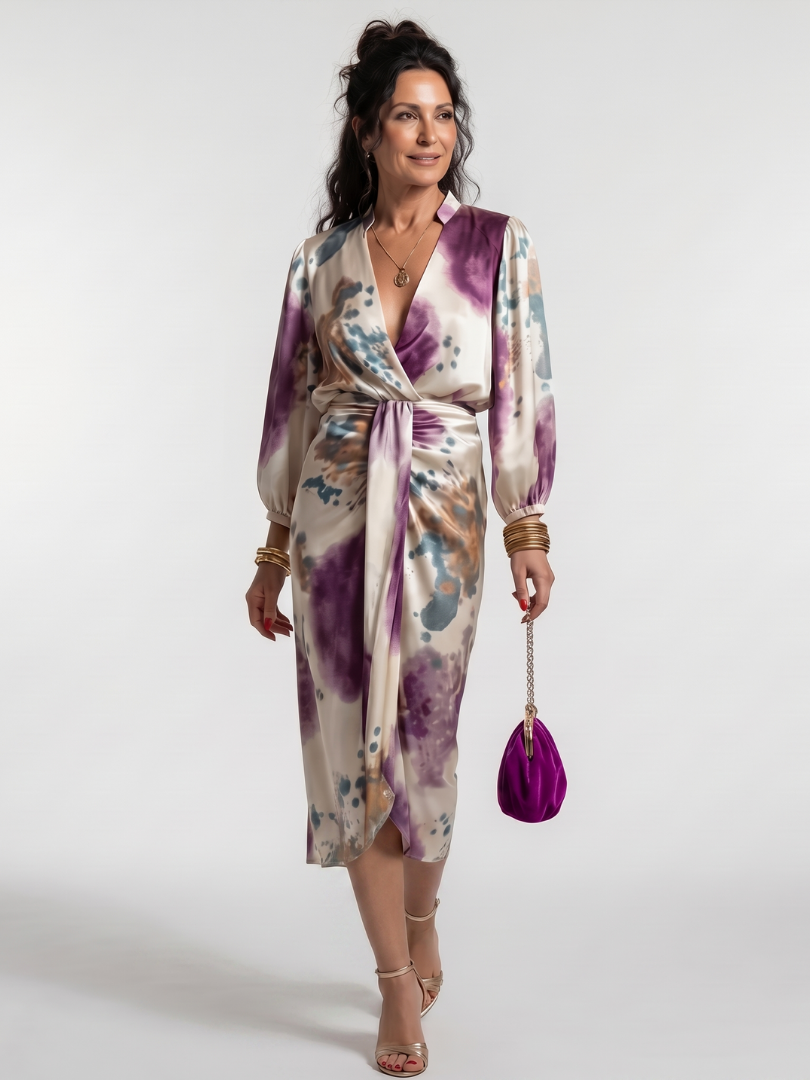 Women's elegant printed cross wrap tie waist midi dress. Perfect for versatile day to evening fashion.