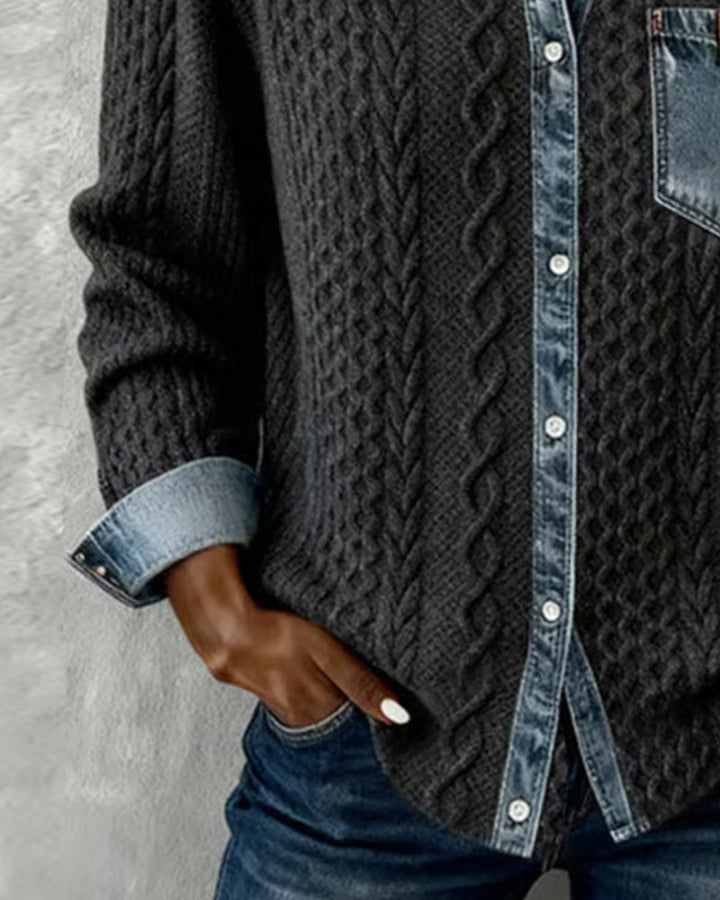 Women's stylish button-front cable knit top. Collared, long-sleeve blouse with elegant texture, great for fall.
