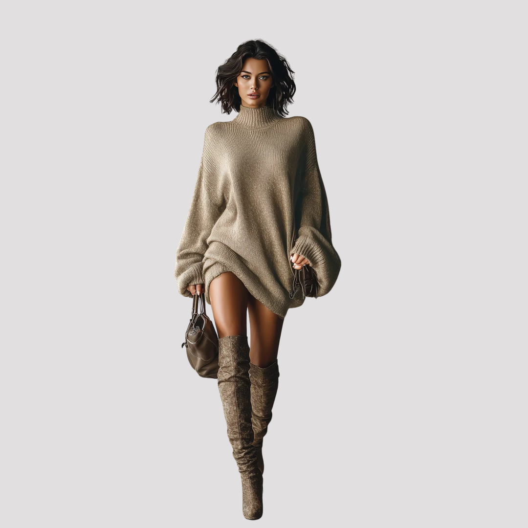 Women's oversized turtleneck knit mini dress in cozy fabric, perfect for fall and winter casual chic outfits.