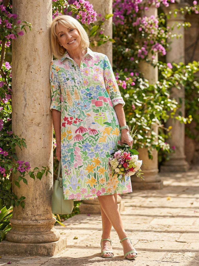 Women's charming floral day dress with three-quarter sleeves, collared neckline, button front, and pockets for casual comfort.