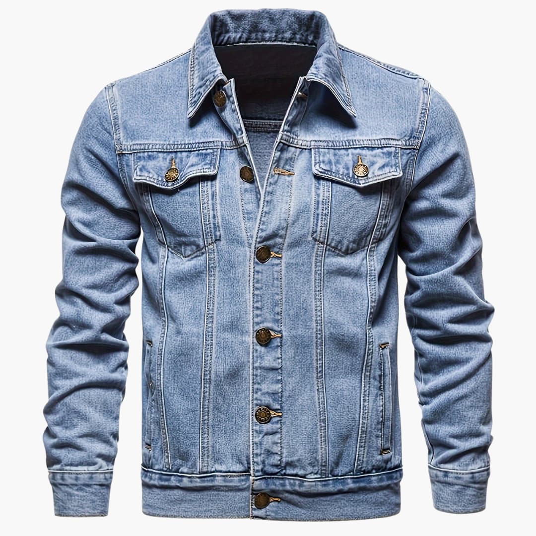 Sky blue denim jacket for men. Slim-fit casual outerwear, perfect for everyday style & versatile fashion.