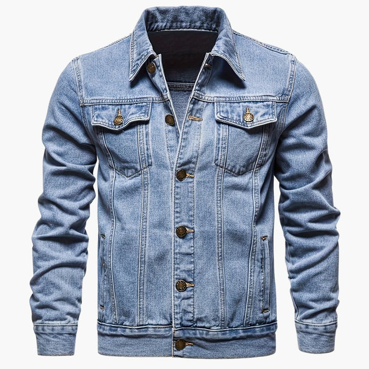 Sky blue denim jacket for men. Slim-fit casual outerwear, perfect for everyday style & versatile fashion.