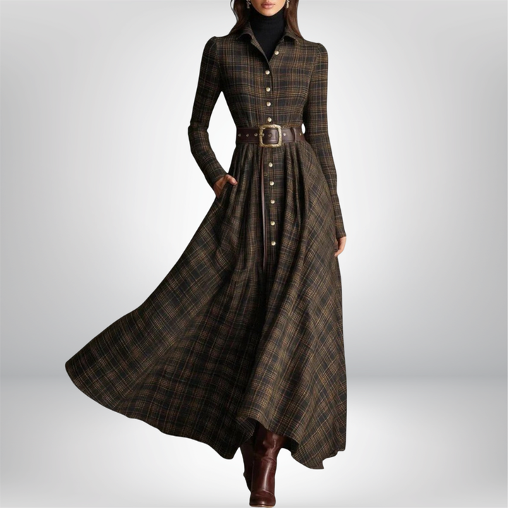 Elegant women's plaid midi shirt dress with belt, featuring a button-down design for versatile styling.
