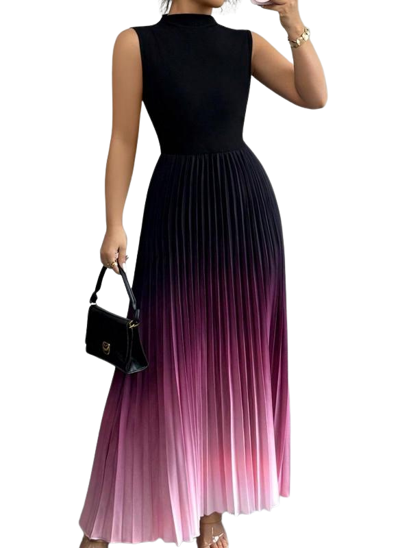 Elegant women's ombre sleeveless maxi evening dress, perfect for formal events & special occasions. Pleated, long party gown.
