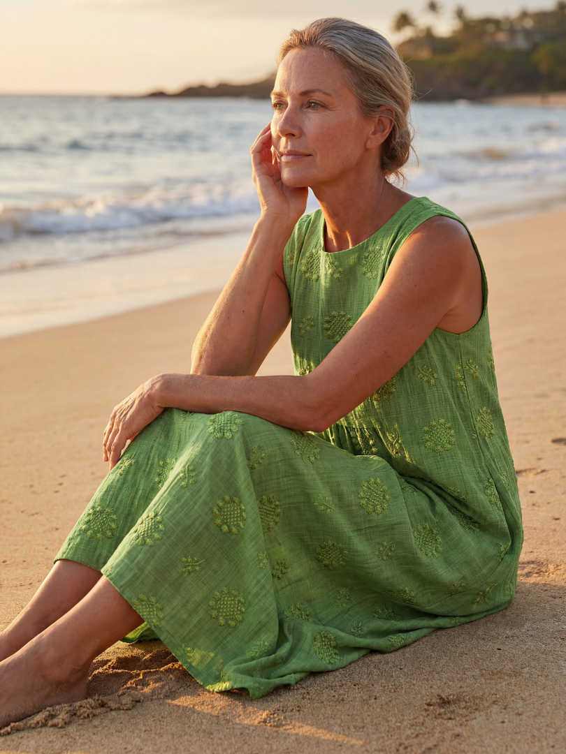 Stylish women's green textured sleeveless midi dress. Ideal for spring fashion, casual outings & everyday comfort.