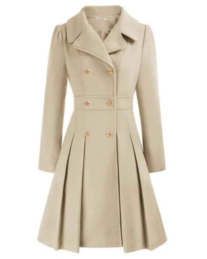 Fashionable women's long pleated winter coat, a chic and elegant choice for cold weather style.