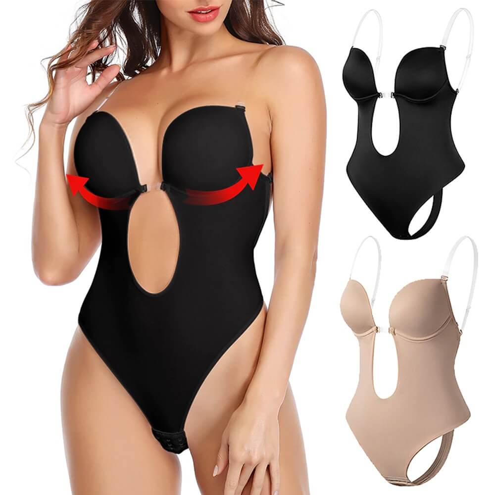 Comfort-fit women's sculpting body shaper, backless and seamless deep V design for elegant foundation.