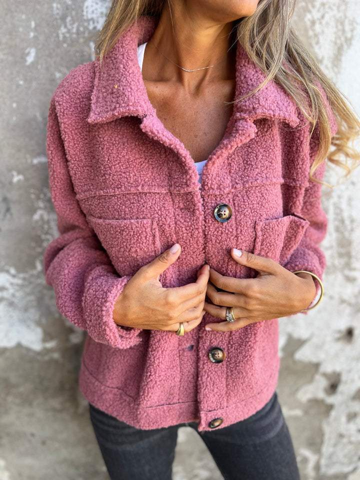 Pink women's cosy jacket. Stylish, relaxed fit for comfortable casual wear & effortless layering. Hip-length outerwear.
