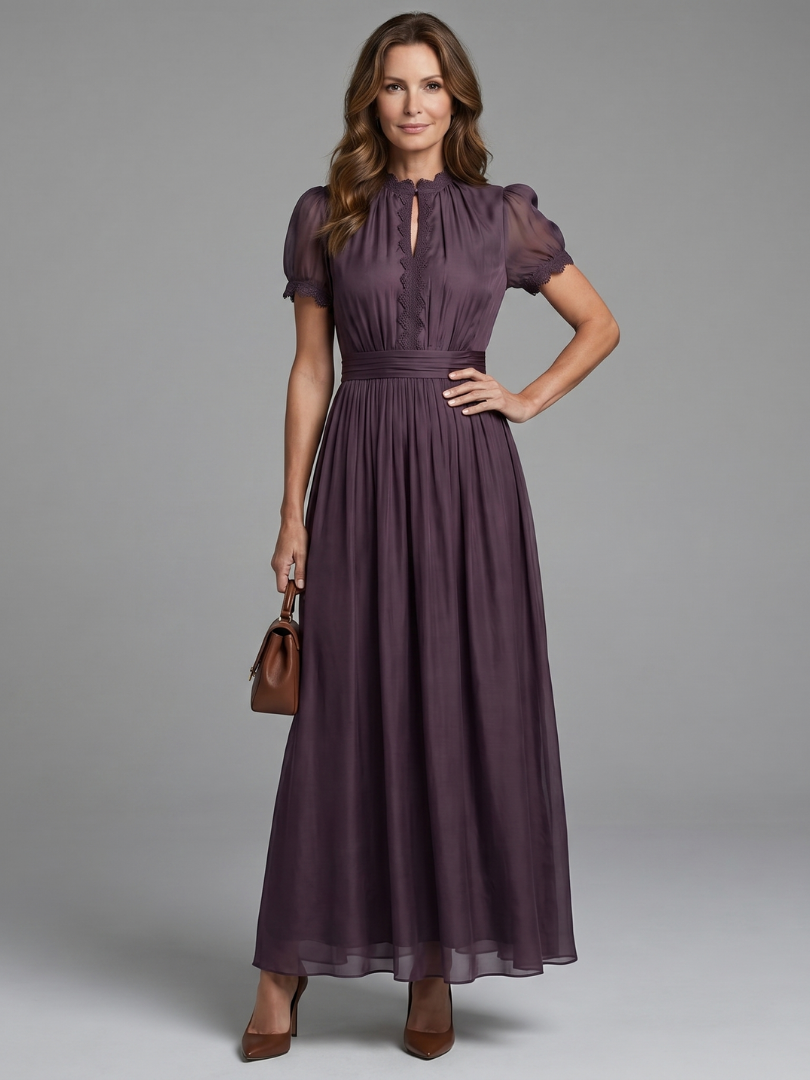 Elegant purple women's maxi dress with keyhole neckline and gathered waist. Perfect flowy summer occasion wear.
