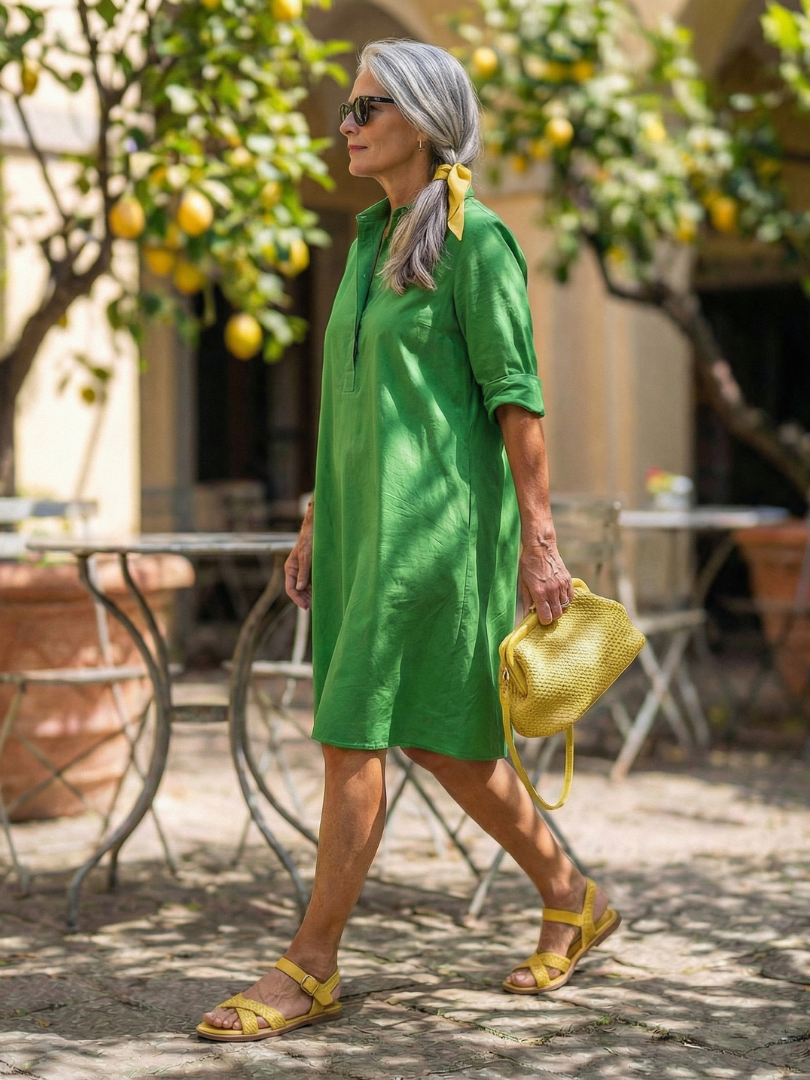 Women's Effortless Morning Garden casual dress. Relaxed kneelength pullover with collar, ideal for spring & summer wear.