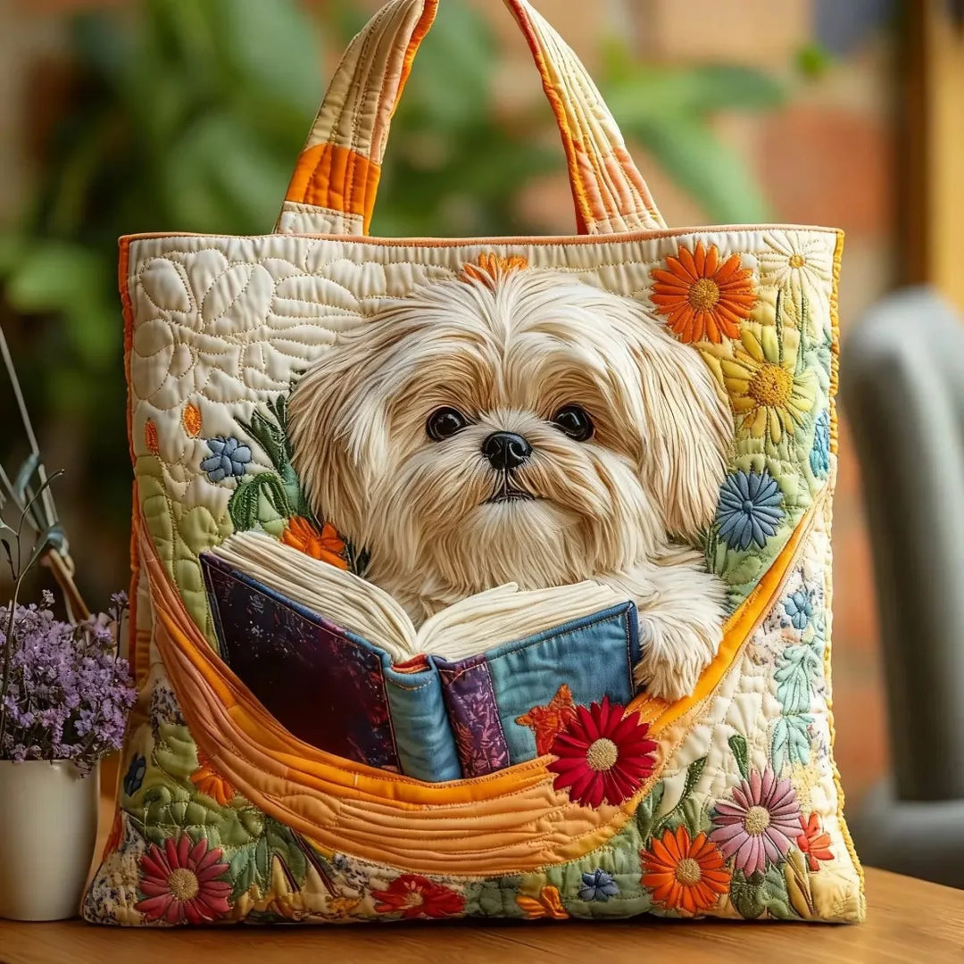 Women's handcrafted Shih Tzu dog tote bag with books & floral design, perfect everyday bag for dog lovers.