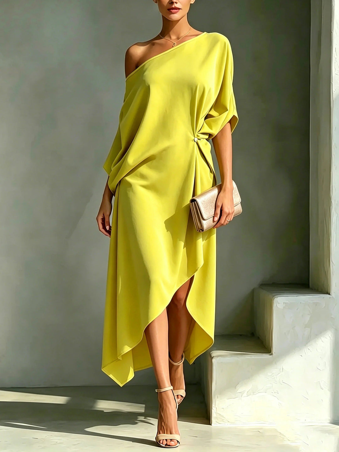 Elegant yellow asymmetrical one-shoulder maxi dress for women, flowy & chic, perfect for evening or special occasions.