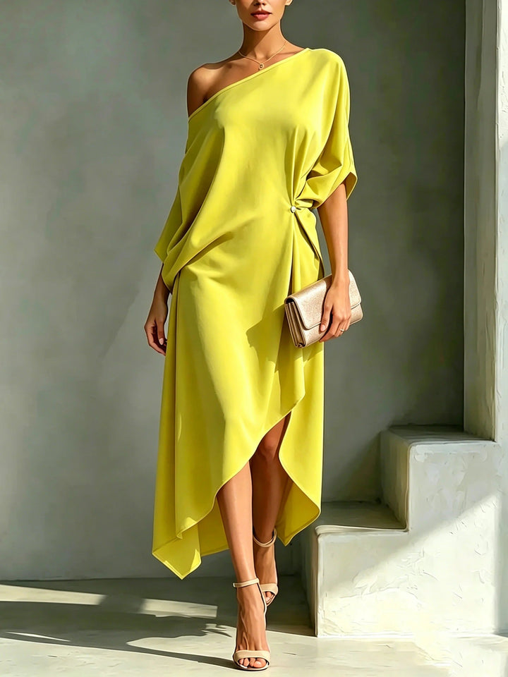 Elegant yellow asymmetrical one-shoulder maxi dress for women, flowy & chic, perfect for evening or special occasions.