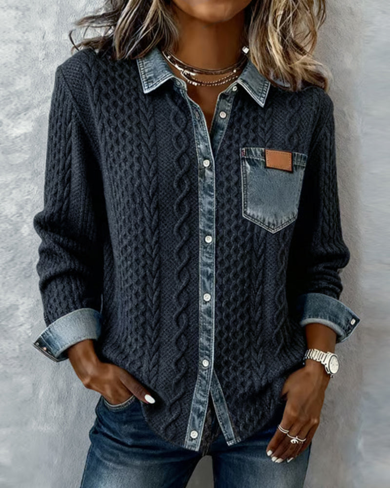 Casual yet elegant women's cable knit button-front blouse. Soft textured long-sleeve top for versatile everyday wear.