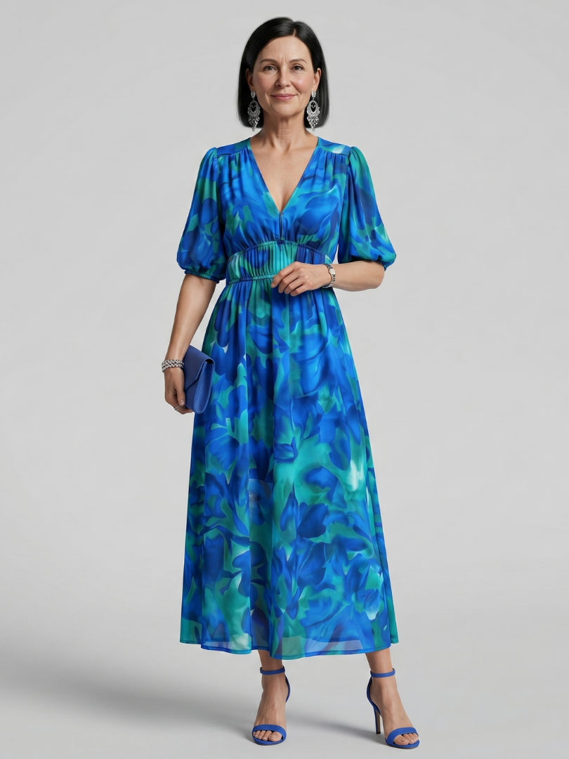 Women's elegant abstract print midi dress with puff sleeves and flattering V-neck, ideal for spring/summer.