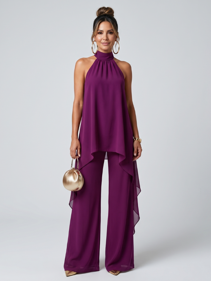 Elegant purple women's asymmetric halter neck tunic & wide leg pants two-piece set for summer casual chic.