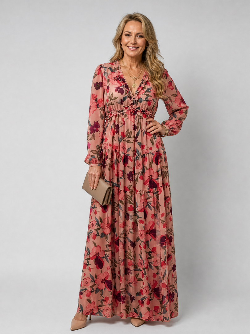Women's floral print long sleeve tiered maxi dress, comfortable and flowy for spring/summer.