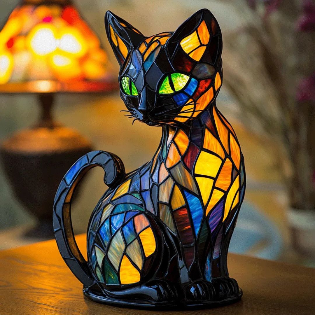 Decorative mosaic cat lamp emitting warm ambient light, perfect for stylish home decor or a unique gift for cat lovers.