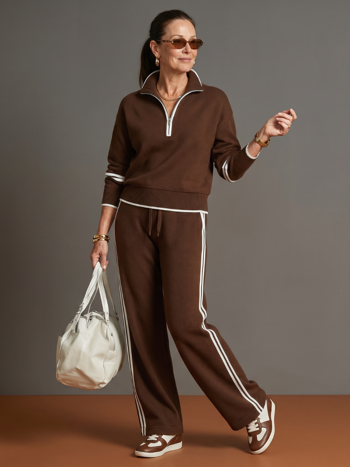 Women's chic zip neck long sleeve top & wide leg pants set. Perfect comfortable loungewear.