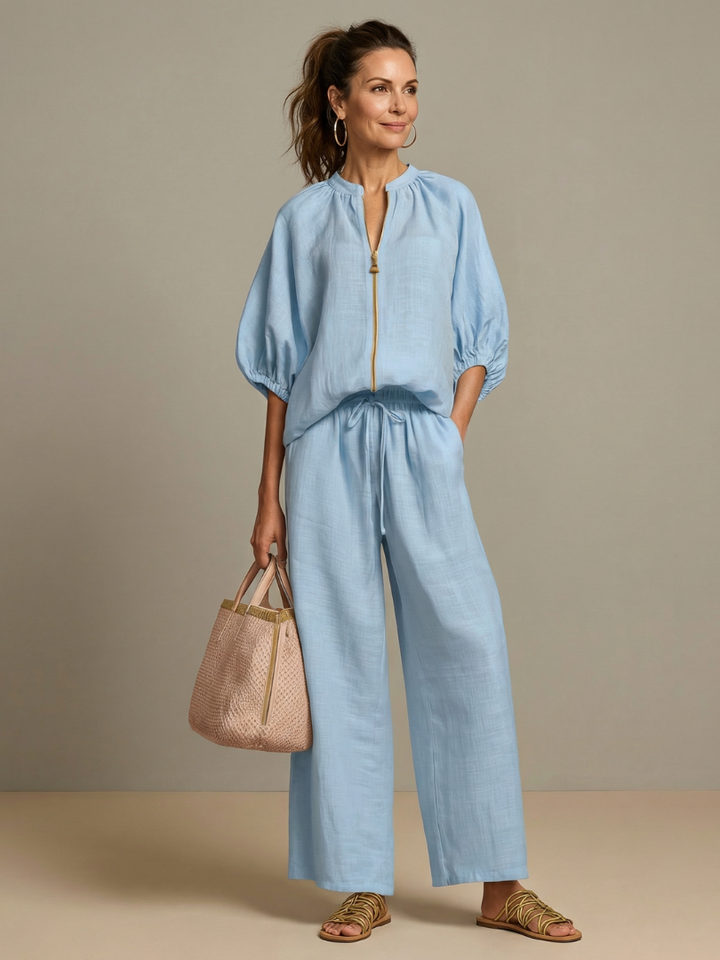 Women's Zip Front Blouson Top & Wide Leg Pants Set. Casual chic two-piece outfit for everyday wear.