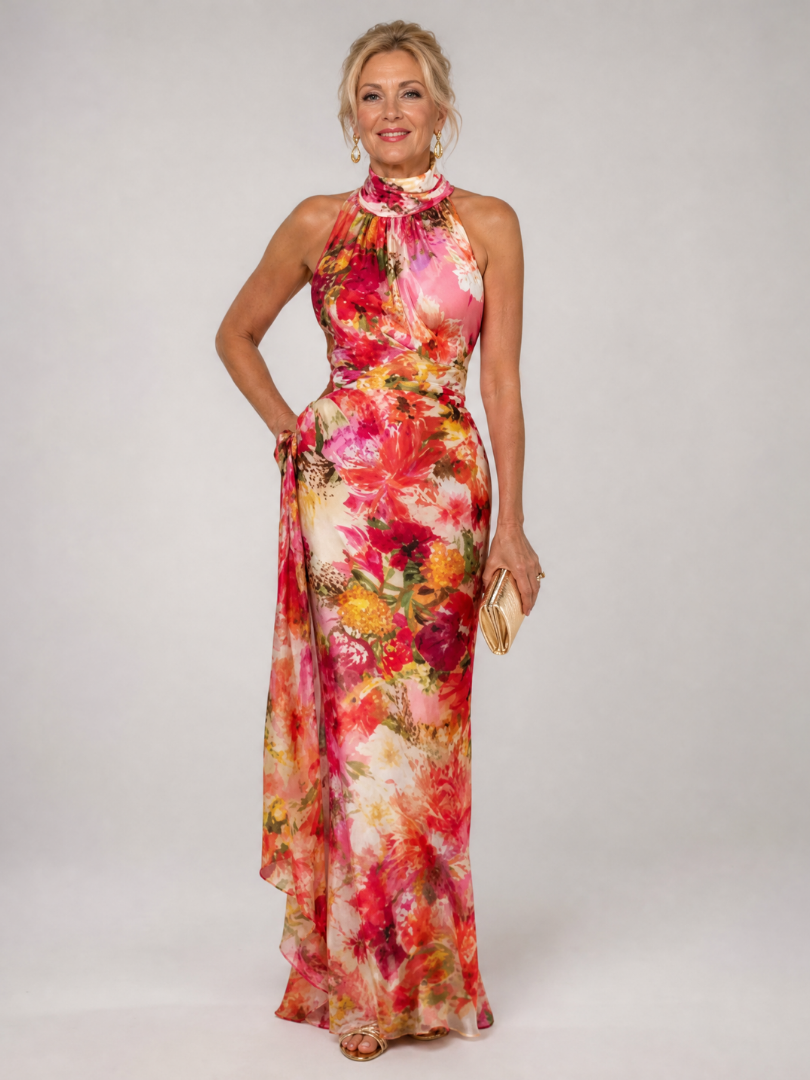 Women's halter neck maxi dress with vibrant floral print, perfect for summer elegance and occasions.