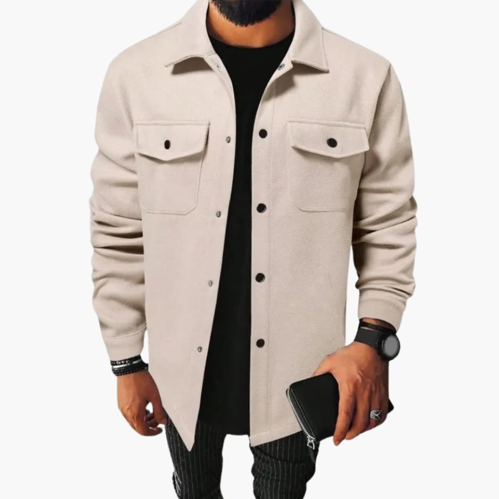 Stylish men's long-sleeve shirt jacket with button-up front, perfect as a transitional layering piece.