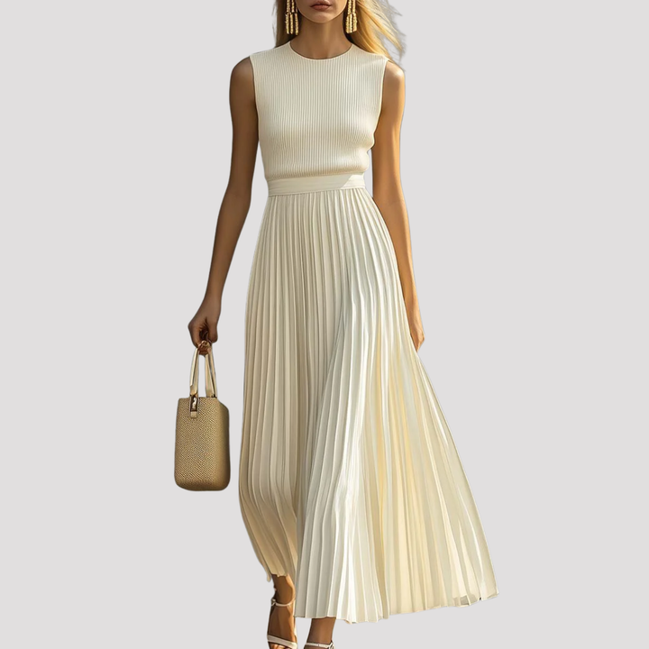 Women's sleeveless pleated knit maxi dress in a flattering design, perfect for elegant summer wear.