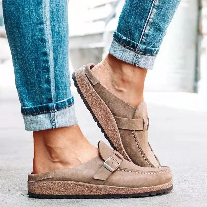 Profile view of women's orthopaedic slip-ons with supportive platform sole & shock absorption for walking comfort.