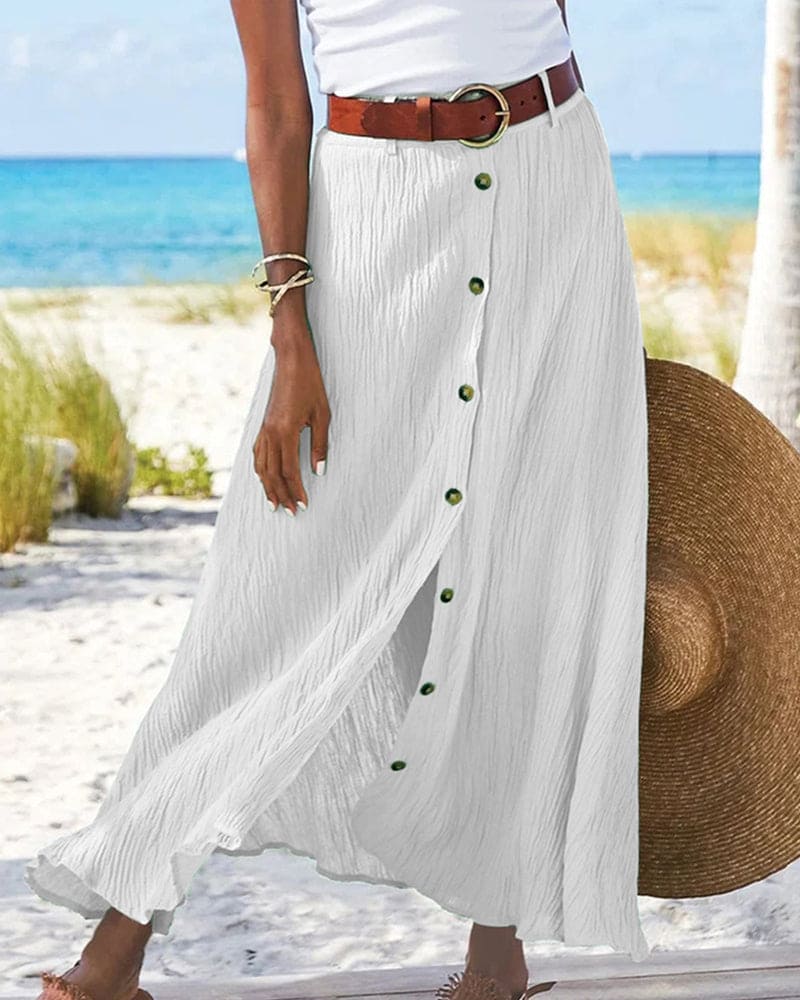 Women's elegant button-front maxi skirt, showing its flowing silhouette and comfortable fit for all seasons.