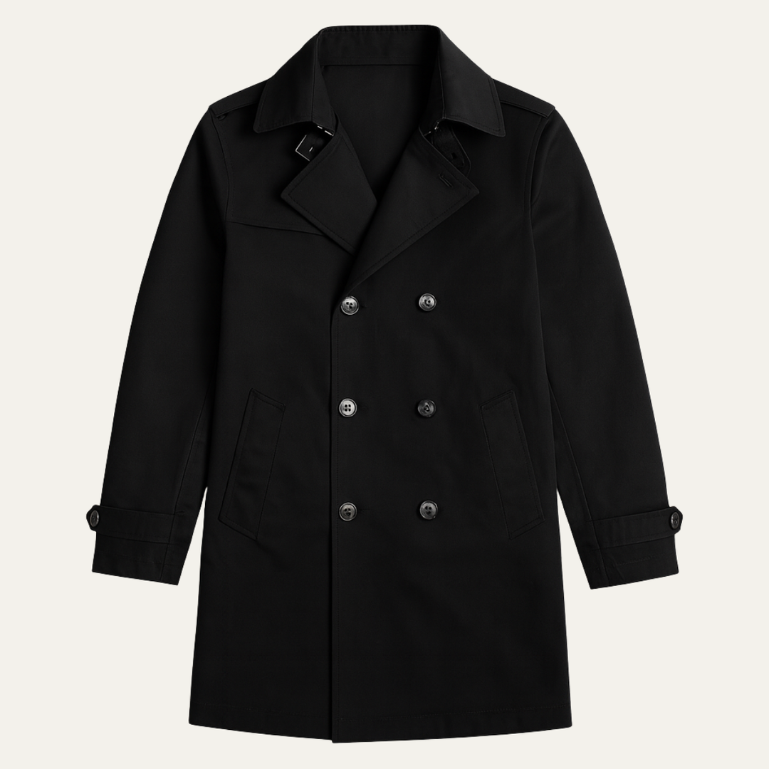 Sophisticated men's double-breasted pea coat with wide lapels & large buttons. Classic winter fashion outerwear.