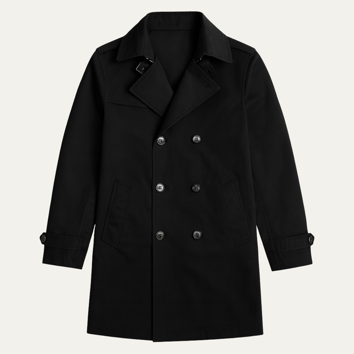 Sophisticated men's double-breasted pea coat with wide lapels & large buttons. Classic winter fashion outerwear.
