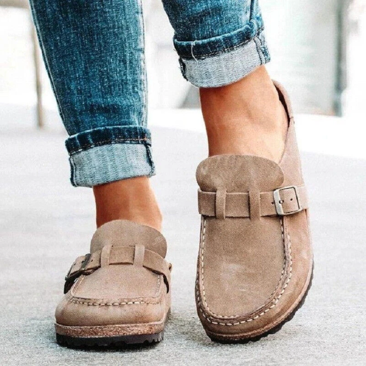 Elegant women's khaki loafers with a stylish buckle & low heel for all-day comfort. Perfect smart casual footwear.