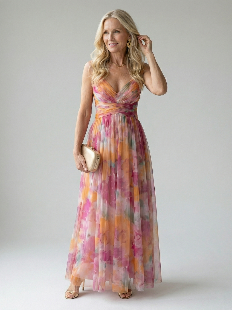 Women's soft wrap maxi dress, sleeveless, elegant v-neck for summer fashion.