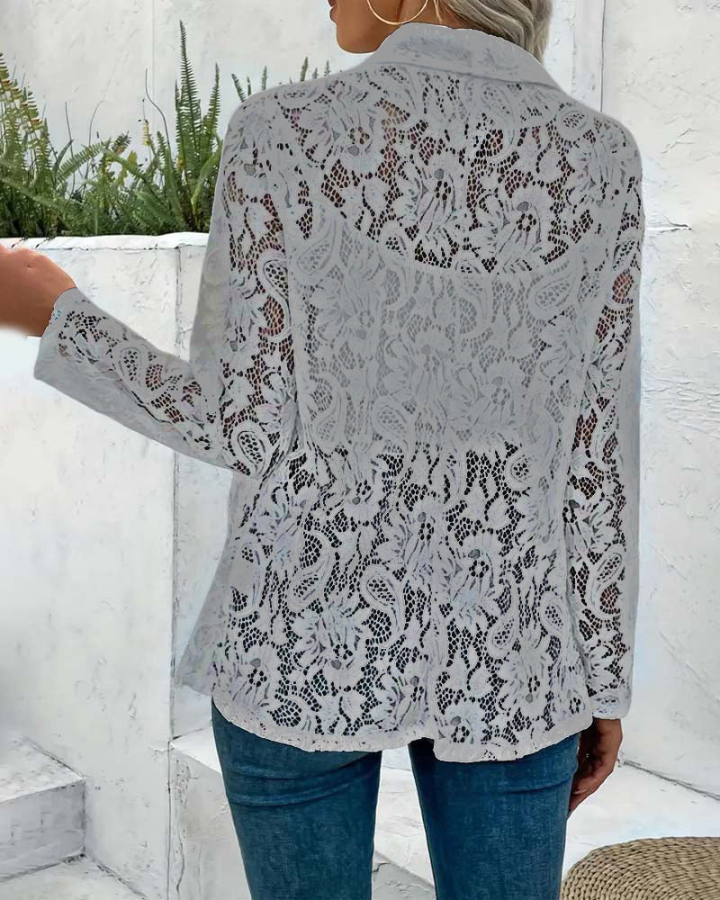 Practical yet elegant women's long sleeve coat with a unique floral lace collar for stylish outings.