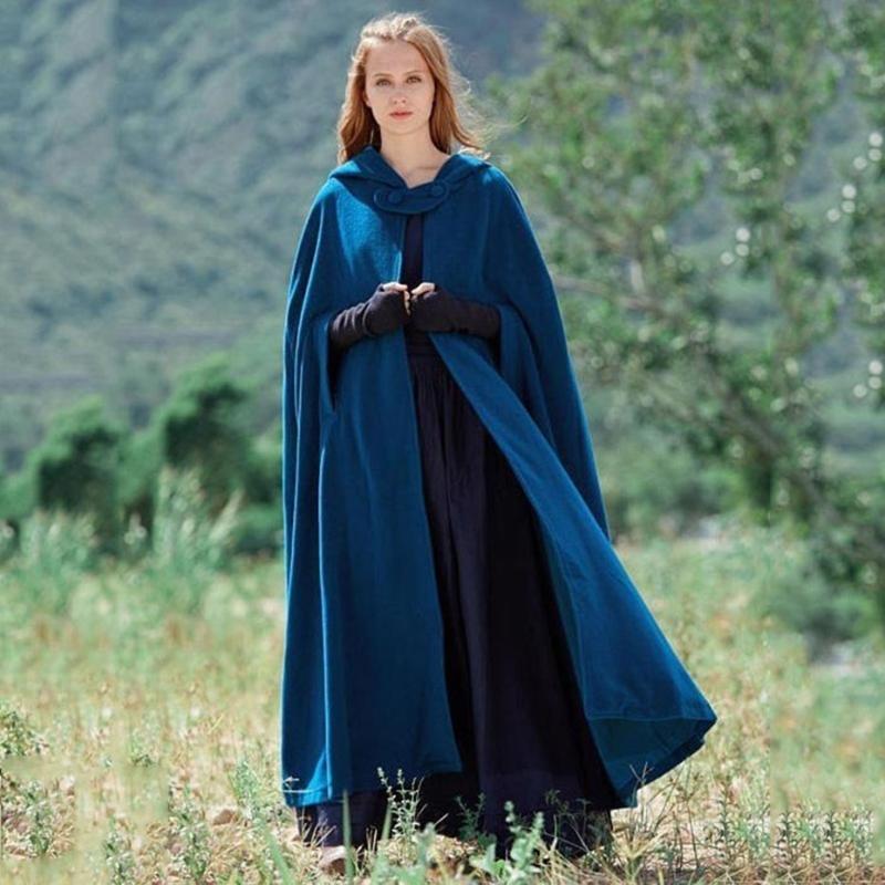 Women's long black hooded cloak with a flowing design, embodying fantasy fashion, elegant outerwear, and mystical style.