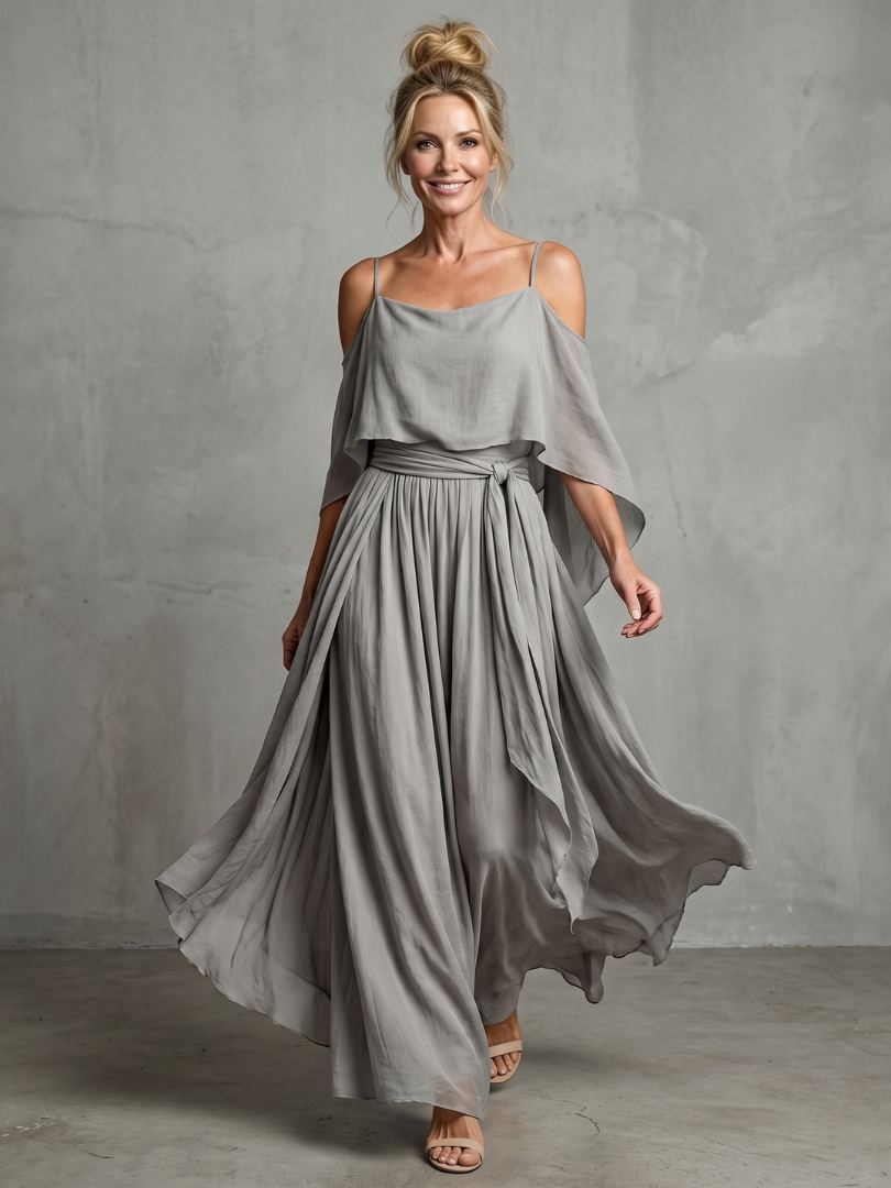 Women's grey two-piece set with layered drape cold shoulder top & wide leg pants. Casual chic spring/summer outfit.