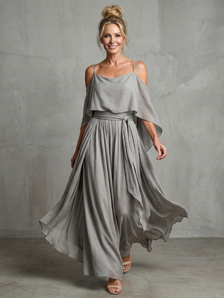 Women's grey two-piece set with layered drape cold shoulder top & wide leg pants. Casual chic spring/summer outfit.