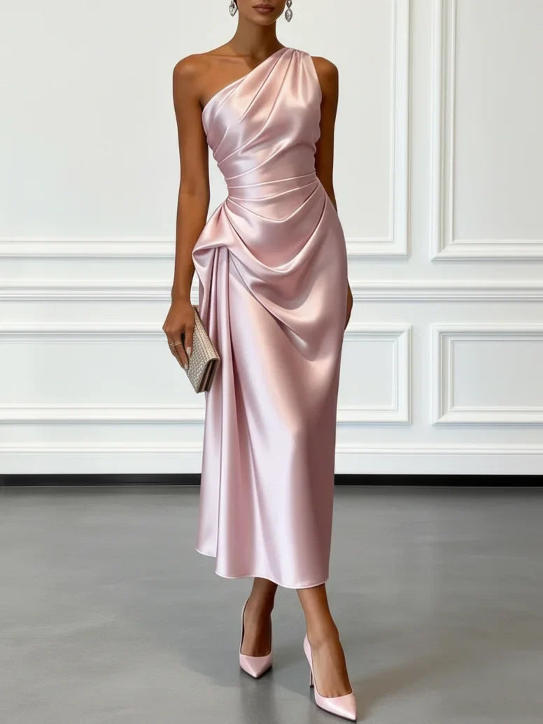 Sleeveless ruffled one-shoulder midi dress for women. A stunning formal or evening outfit.