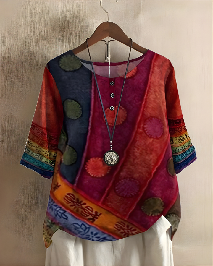 Vibrant women's relaxed boho top, perfect for summer casual wear.
