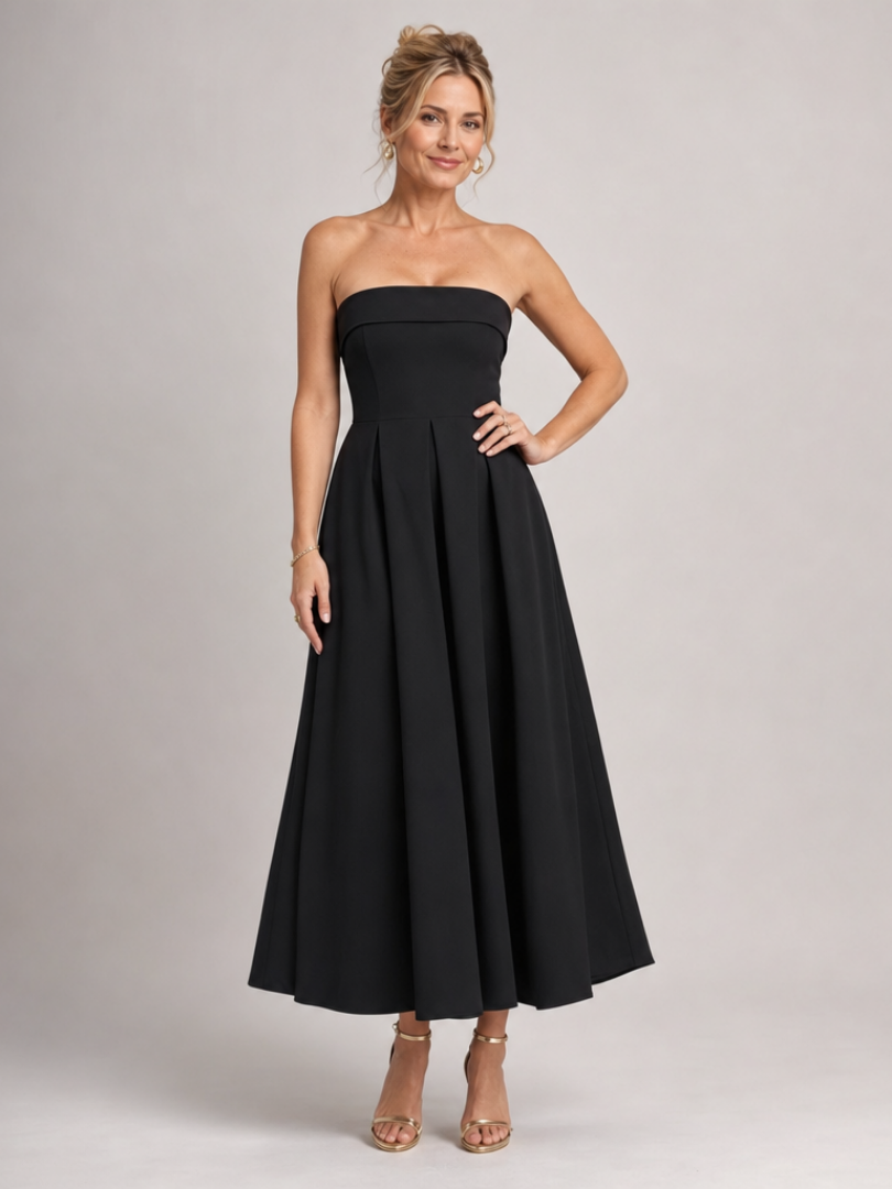 Elegant women's strapless midi dress with a structured bodice, perfect for formal evening events.