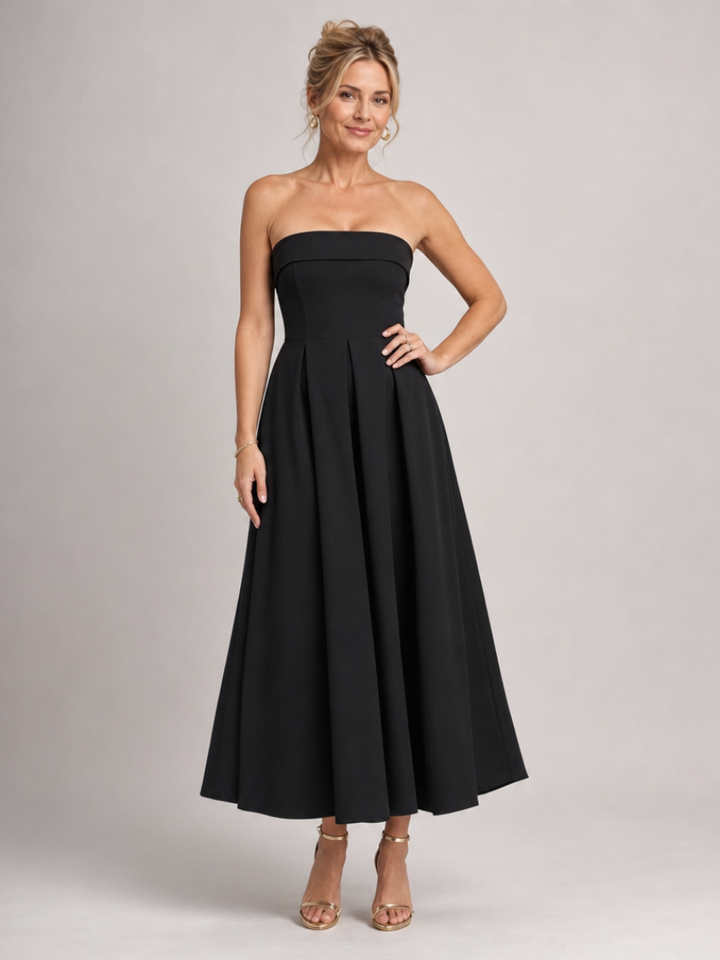 Elegant women's strapless midi dress with a structured bodice, perfect for formal evening events.