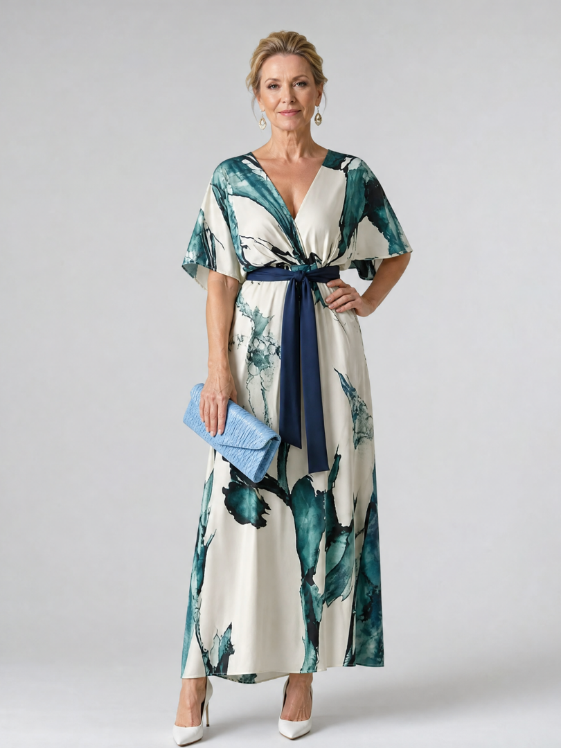 Women's abstract print maxi dress with flutter sleeves, tie waist, and V-neck. Perfect for summer events.