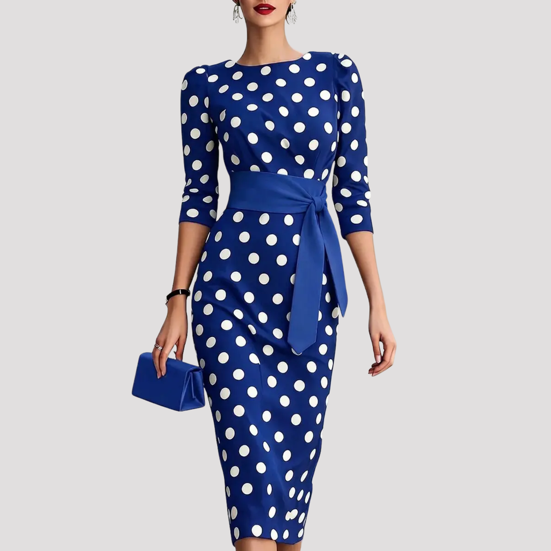 Women's elegant black & white polka dot midi dress with a stylish belt, perfect for parties & special occasions.