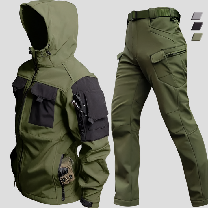 Gray men's weather-resistant softshell jacket & pants set for hiking/trekking adventure.