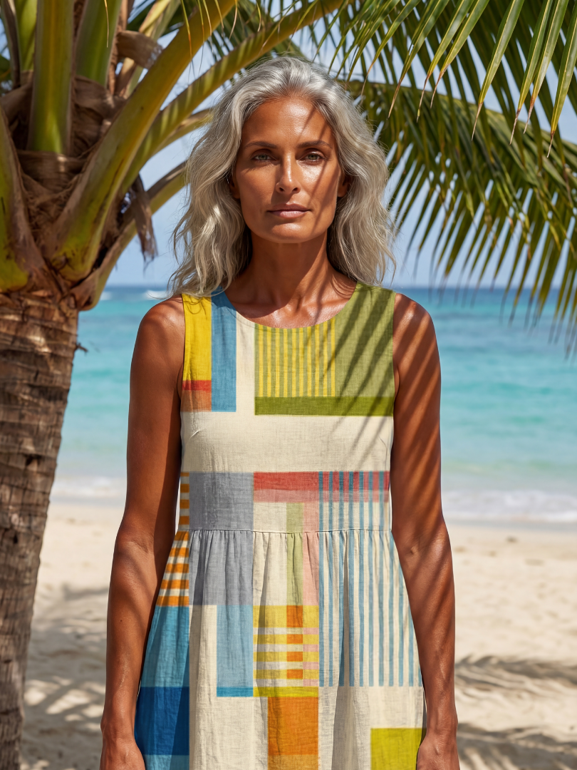 Effortless women's sleeveless midi dress with painted block print design. Comfortable, multi-color for casual summer.