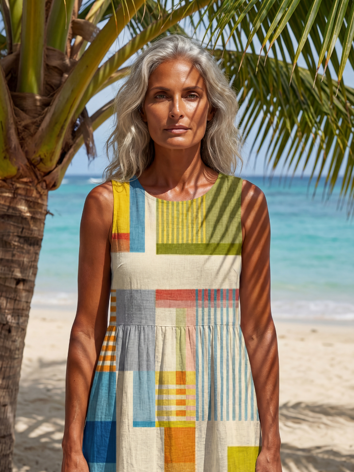 Effortless women's sleeveless midi dress with painted block print design. Comfortable, multi-color for casual summer.