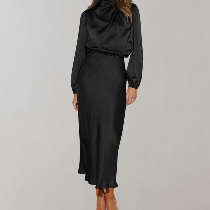 Refined high neck long sleeve midi dress for women, ideal as sophisticated evening wear or a party outfit.