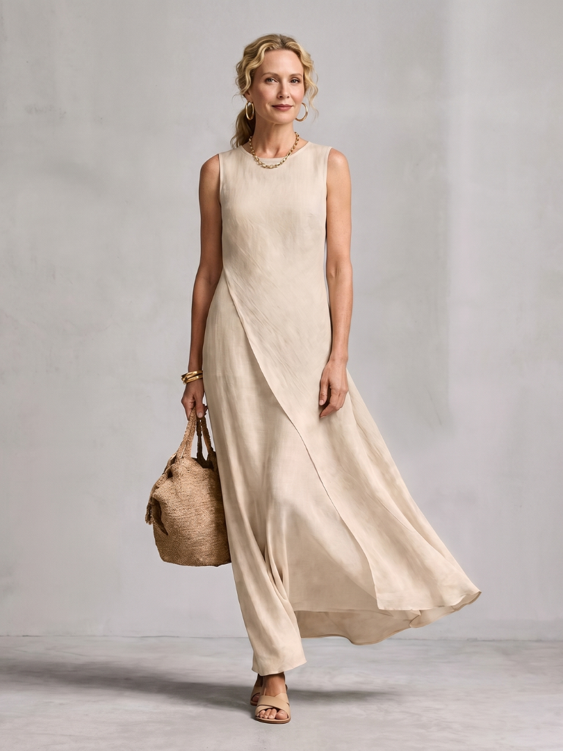 Women's flowy asymmetric layered maxi dress with round neck, sleeveless design, perfect for summer.